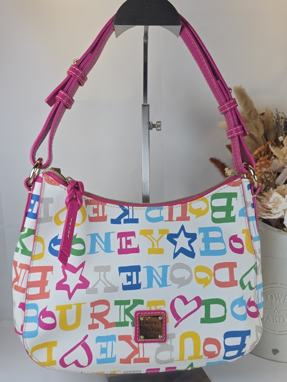 Dooney & Bourke White Multicolor Logo Shoulder Bag with Pink Trim